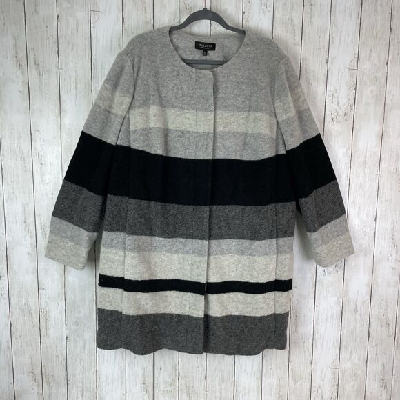 Talbots Wool Blend Long Coat Sweater Jacket Sz 3XP Black White Gray Striped - Picture 1 of 12